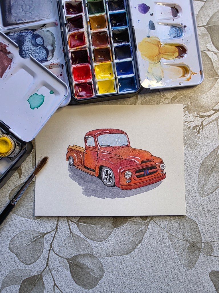 A watercolor painting of a vintage truck, with a paintbrush and partially used paint setlying next to it.
